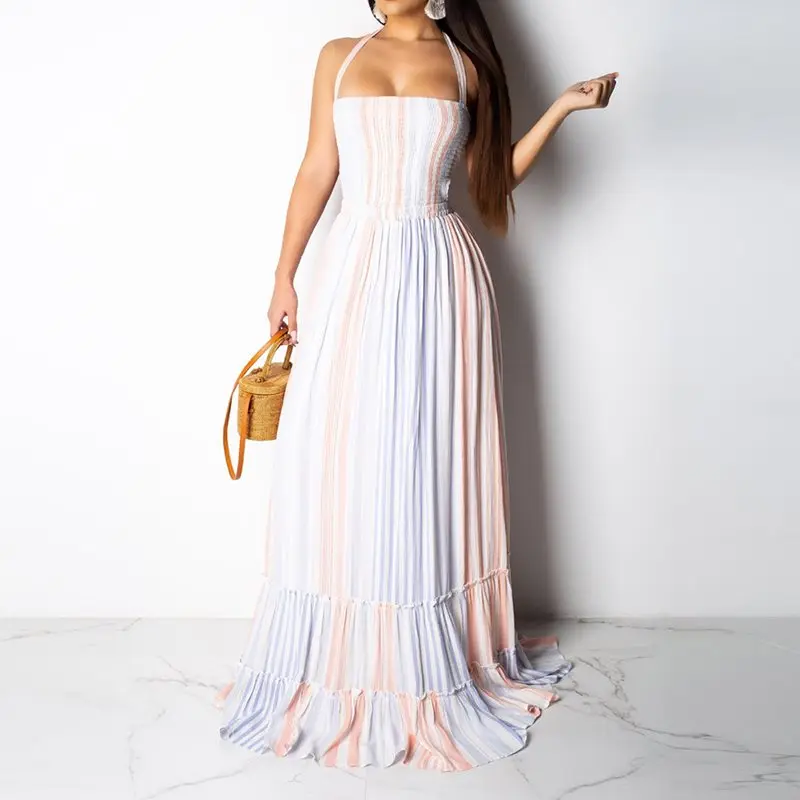 

New Chiffon Maxi Dress Women Elegant Evening Stripe Boho Sexy Halter Robe A Line Pleated Big Swing Summer Party Backless Dresses