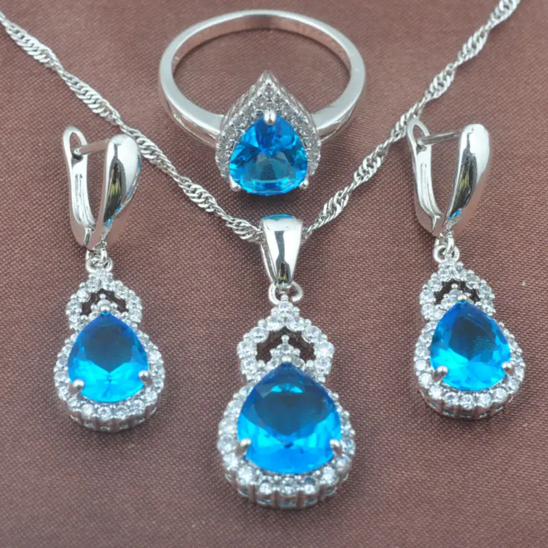

Water Drop Sky Blue Zircon Women's 925 Silver Jewelry Sets Necklace Pendant Earrings Ring Free Shipping TZ0322