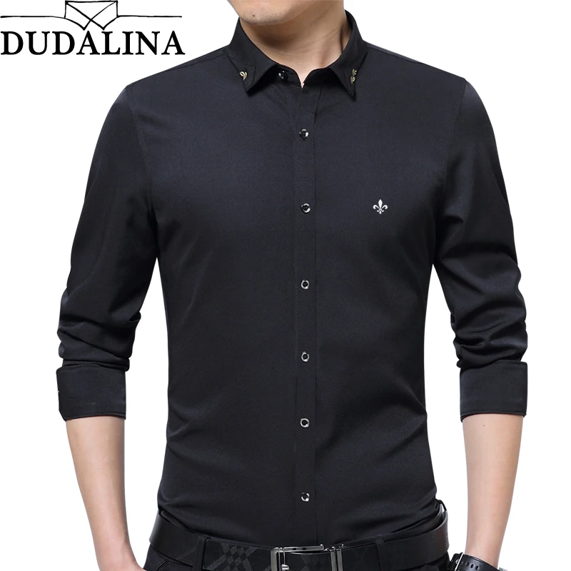 Skup DUDALINA hafty mężczyźni odzież solidna Slim Fit mężczyźni koszula z długim rękawem Casual Men koszulka socjalna Plus rozmiar przeciwzmarszczkowy E51701