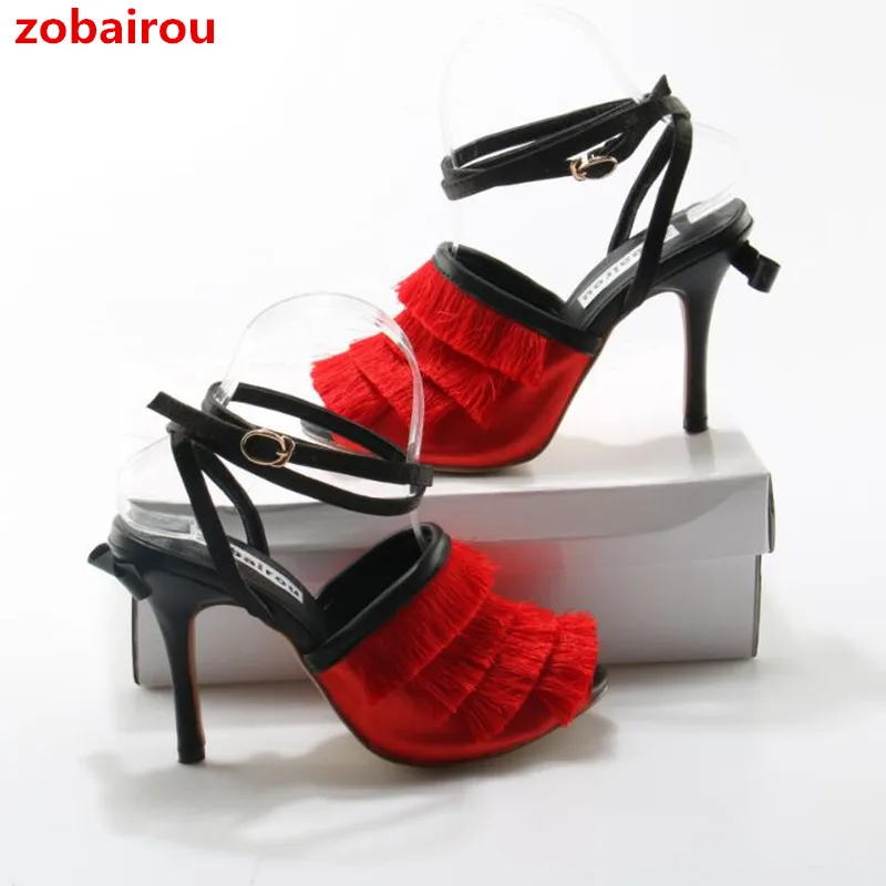 Zobairou Red Fringed Stain Sandals Shoes Woman Brand Design Runway Leather trimmed Women Ankle