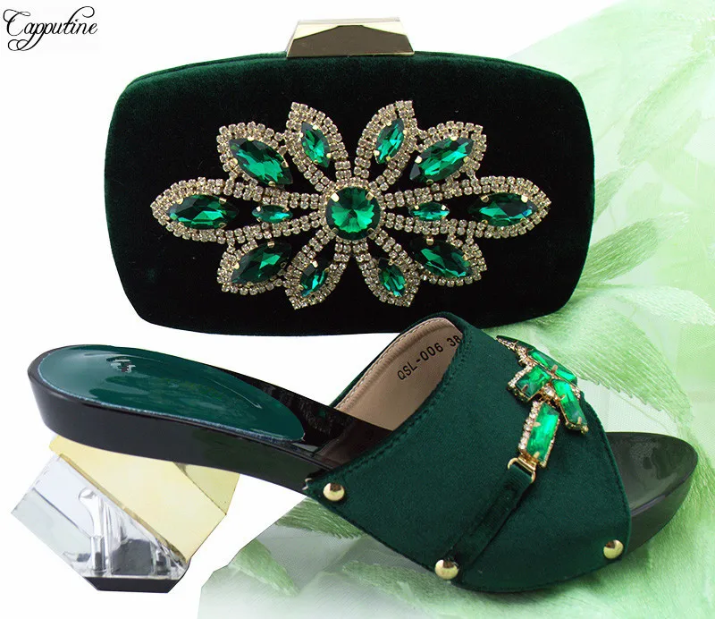 

Wonderful dark green high heel pump shoes and purse bag set with shinning stones for party QSL006 heel height 7.5cm