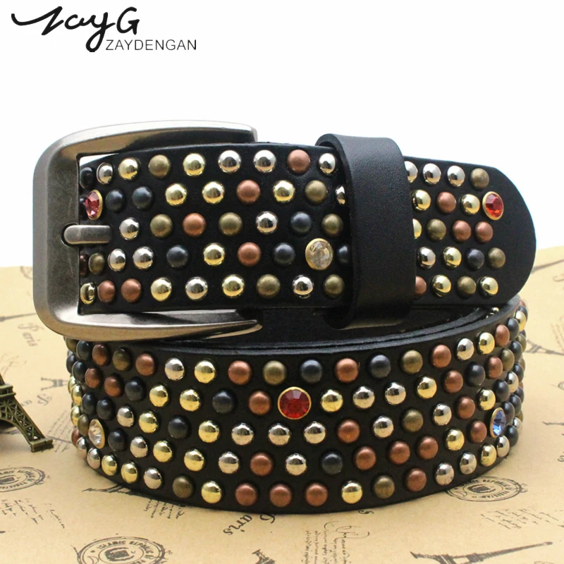 

ZAYG Fashion High Quality Color Small Mush Room Rivet Drill Male and Woman Hip-hop Casual Black Coffee Leather Belt Jeans Belt