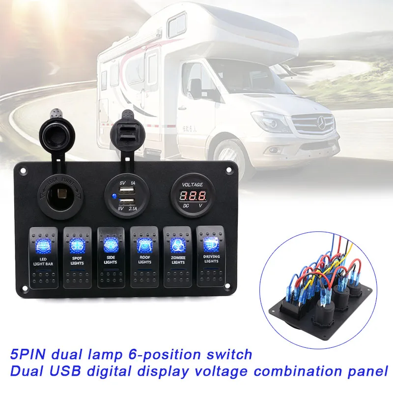

5 Pin Dual Lamp 6 Gang Rocker Switch Panel Cigarette Lighter Socket Dual USB Charger Digital Voltmeter Display DXY88