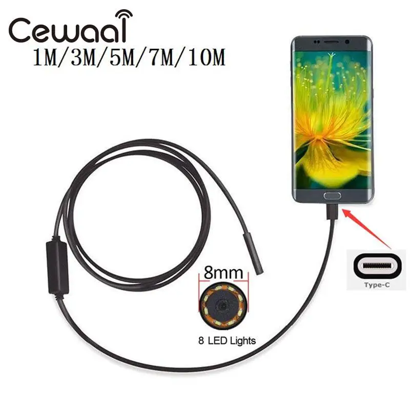 Cewaal 8 мм 2mp 1 м телефона Android Тип USB c эндоскопа Камера Водонепроницаемый видео Камера Труба инспекции Камера бороскоп для huawei