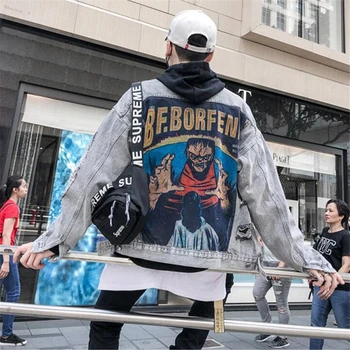 

2019 New street style jean jacket Hip Hop vintage Grey jeans Loose denim cardigan Coat formed of the Printed Men's Coat S-XXL