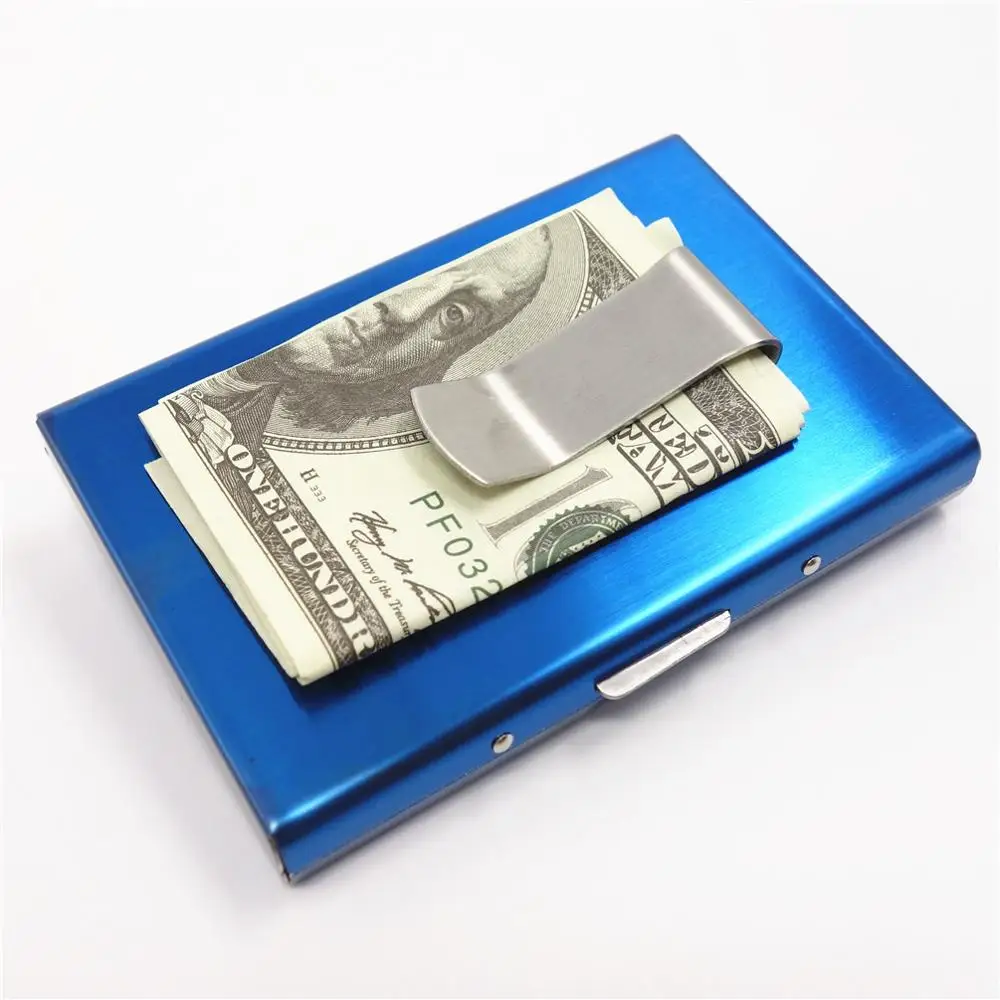 Высококачественный держатель для кредитных карт из нержавеющей стали для мужчин и женщин металлический чехол для банковских карт коробка для Карт rfid кошелек для карт - Цвет: Metal clip Blue