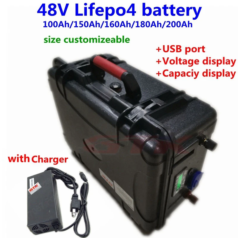 

Waterproof LiFepo4 48V 100Ah 150Ah 160Ah 180Ah 200Ah lithium battery with BMS for trolling motor UPS storage system+10A Charger