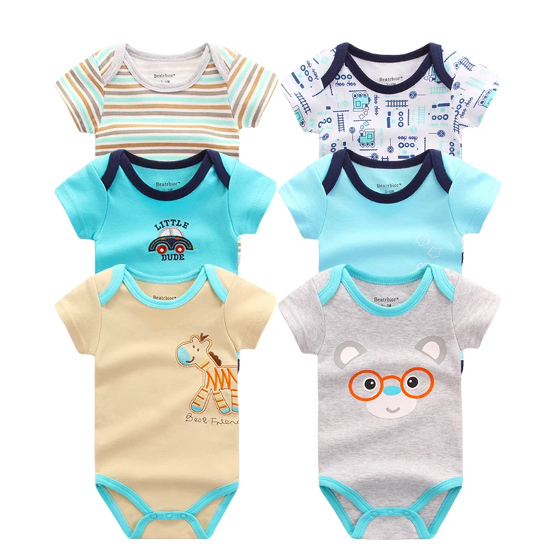 6 unids/lote Unisex Baby Rompers manga corta Cottom o-cuello novela niños recién nacidos muchachas ropa infantil de bebes ropa del bebé del mono