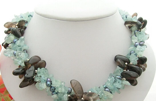 

huij 003531 4Strds Pearl&Aquamarine &Smoky Quartz Necklace