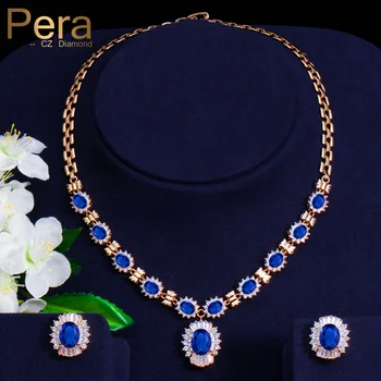 

Pera CZ Luxury Royal And White Round Jewelry African Women Wedding Big Blue Cubic Zircon Necklace And Earrings Set For Gift J180
