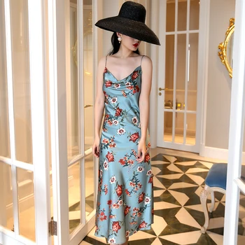 

Sexy Runway Summer Dress 2019 Floral Print Spaghetti Strap Satin Long Slim Dress Women Robe Femme