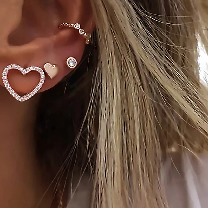 

4 Pcs/set Simple Heart Geometric Crystal Earrings For Women Gold Color Fashion Stud Earrings For Women Earring Set