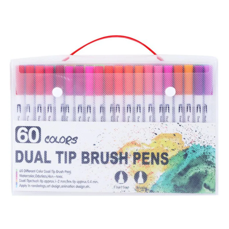 12/18/24/36/48/72/100PCS Colors FineLiner Dual Tip Brush Pens Drawing Painting Watercolor Art Marker Pens School Supplies - Color: 60colors