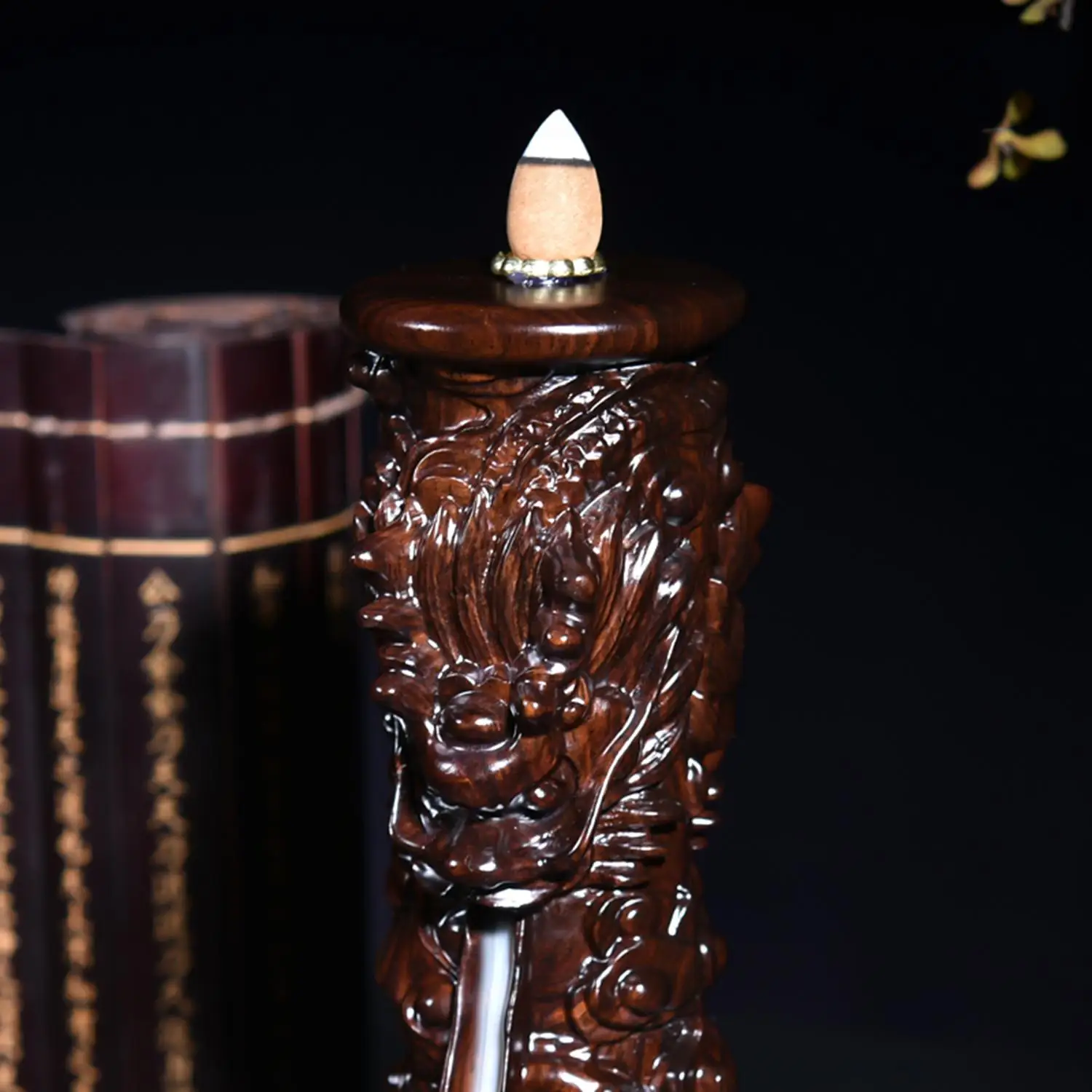 Ebony wood carvings"San Ding leading"Dragon backflow incense burner