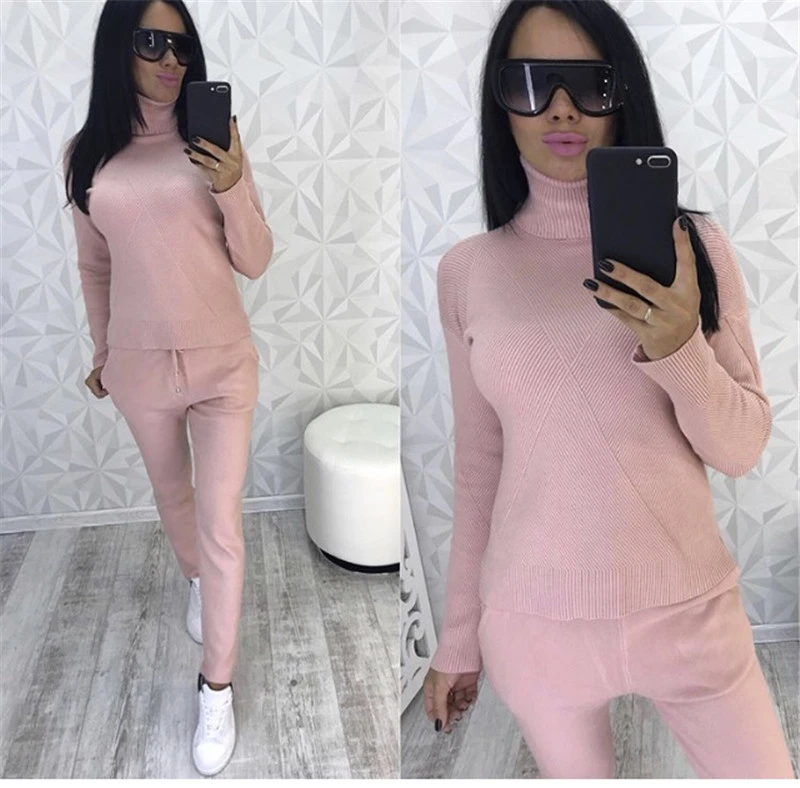 

Free Shipping New Autumn/Winter Warm Plaid Turtleneck Sweater Set Explosion Sweater Knit Pants Set