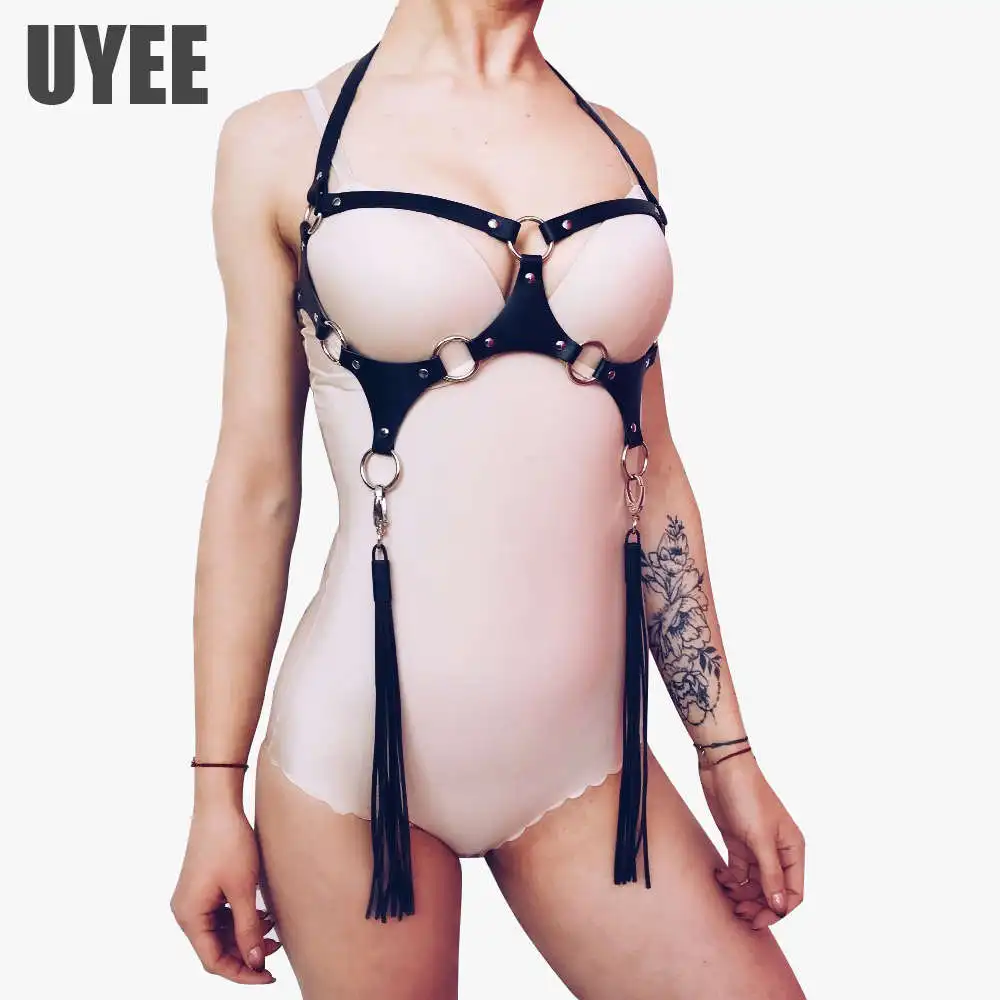 

UYEE Sexy Leather Harness Lingerie Women Underwear Bra Suspenders Belt Bustier Corset Punk Rock Prom Dresses Stockings Bondage