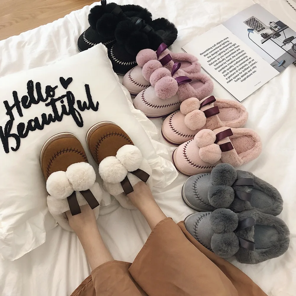 

Winter cute double pompom home slippers girls 5 colors riband bow decorate warm flats slides women closed toe plush flipflops
