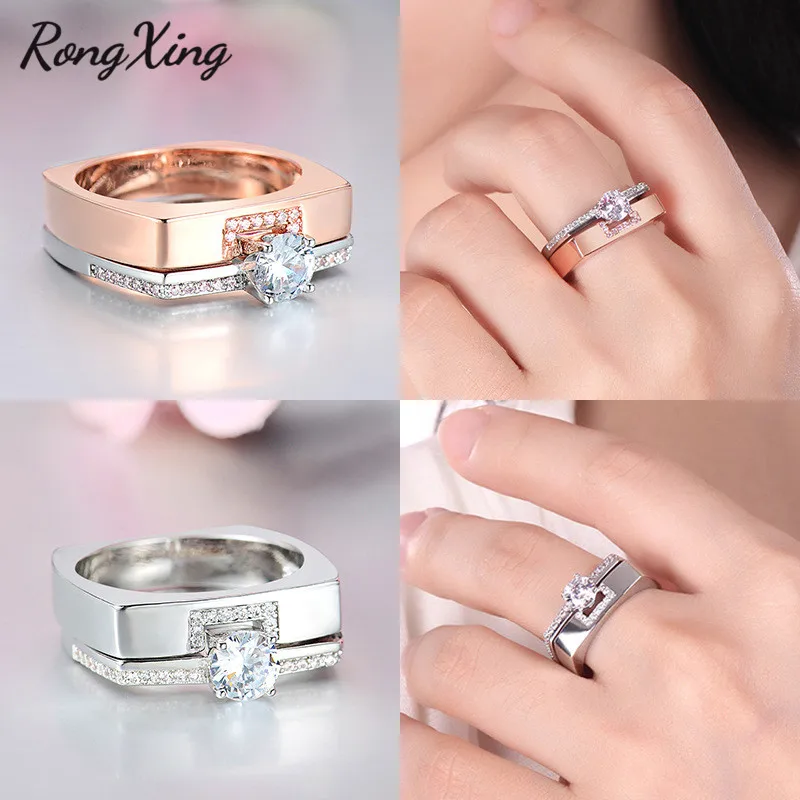 

RongXing Luxury Crystal White Zircon Engagement Ring Set 925 Silver/Rose Gold CZ Stone Double Rings For Women Men Couple Jewelry