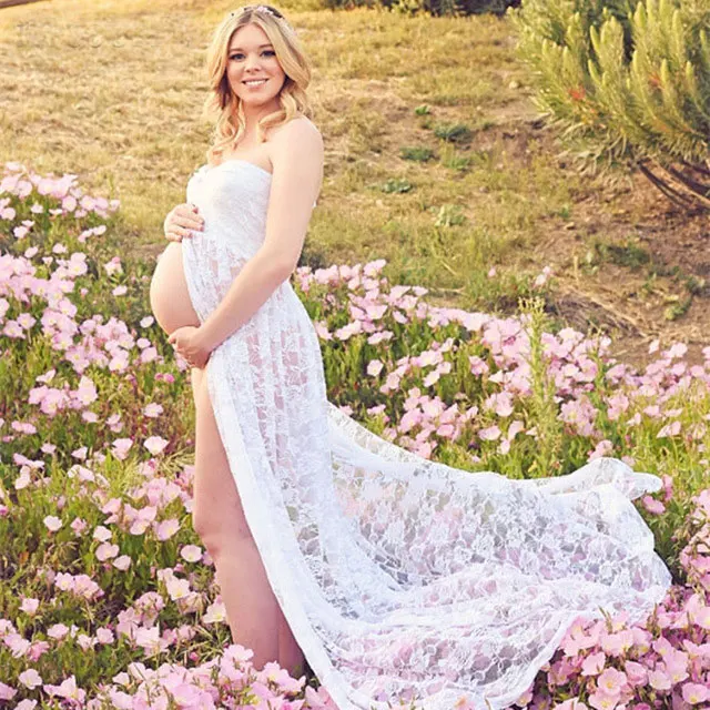 

Reedcall Maxi Maternity Photography Dress Rose Pattern Lace Maternity Dress Open Front Maternity Gown High Slit Pregnant Dress
