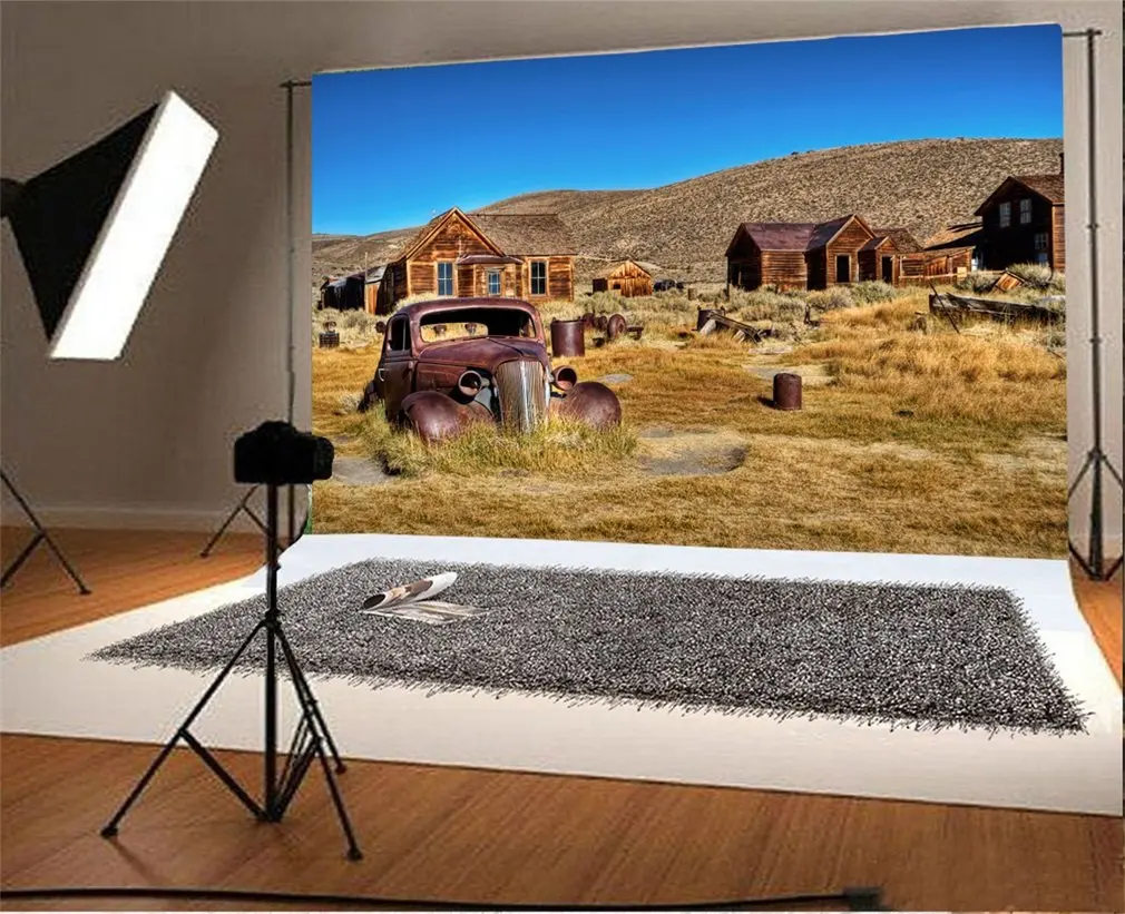 

Photography Backdrop Rural Vintage Car Weathered Wooden House Hay Bale Landscape Scene Photo Background