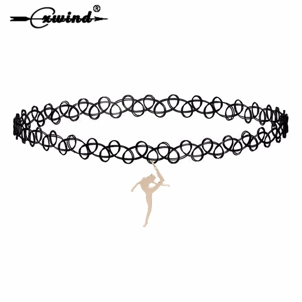

Cxwind New Ballet Girl Pendants Choker Necklaces for Women Neck Jewelry Elastic Lace Dance Girl Necklace collares de moda 2019
