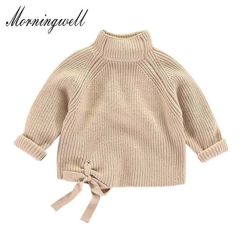 

Morningwell fashion pullover girls sweater winter baby bow thick turtleneck sweater casual knit kids cardigan christmas sweater