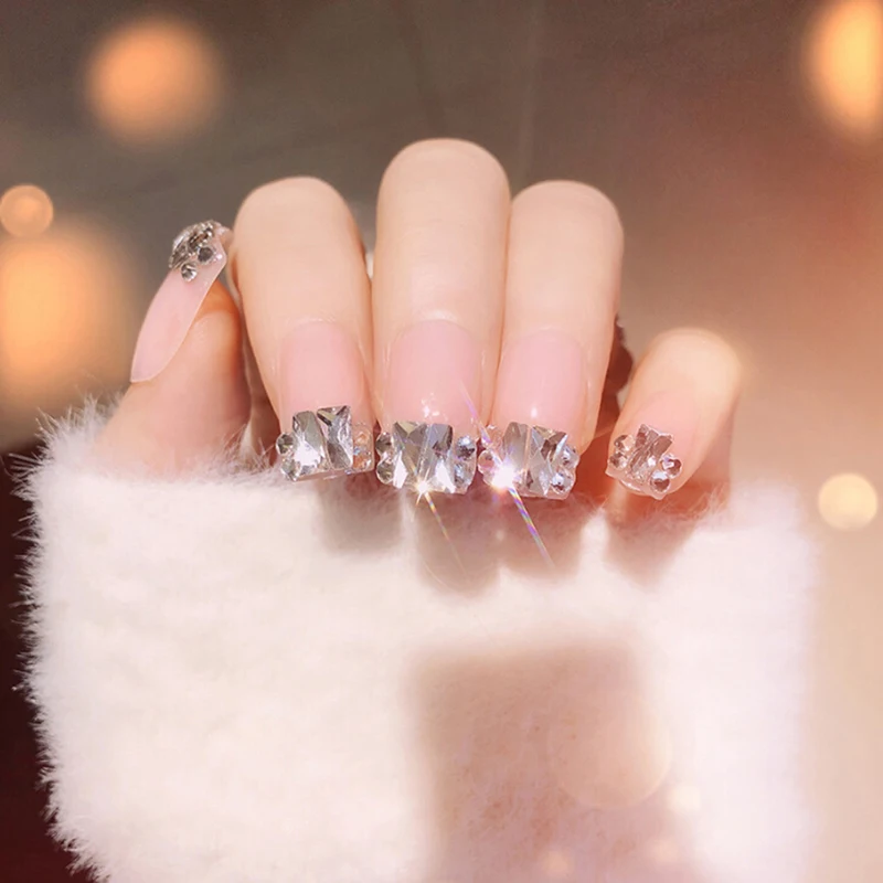 24Pcs Drill Wedding False Nails Acrylic UV Gel Full Fake Nails Art Tips With Glue NEW