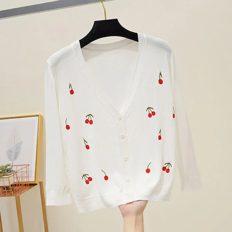 

Baharcelin summer Embroidery Sweater Women Cardigan Knitted Sweater Coat Jumper Crochet Casual V-Neck Woman Cardigans Tops