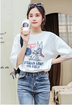 

Korean version of summer cotton printed short-sleeved T-shirt 2019 new letter round neck ladies white shirt A96
