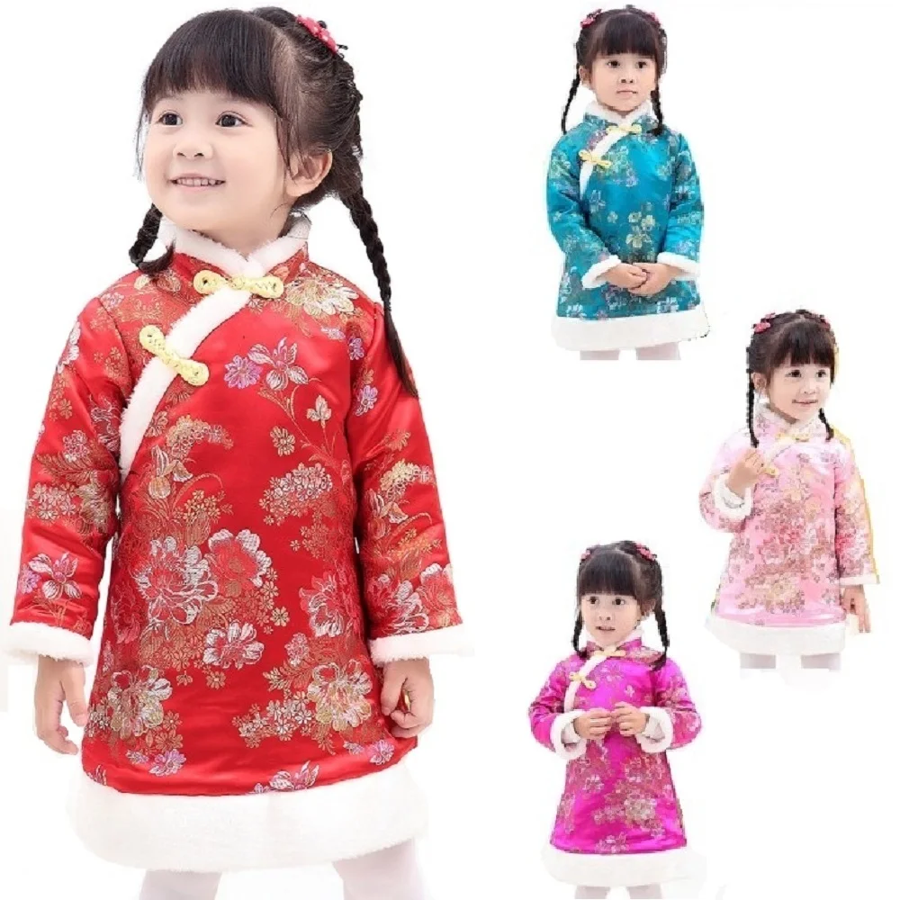 

Chinese Spring Festival Baby Girls Dress Coat Thick Quilted Winter Girl Clothes Chi-pao Dresses Children Cheongsam Qipao Jackets