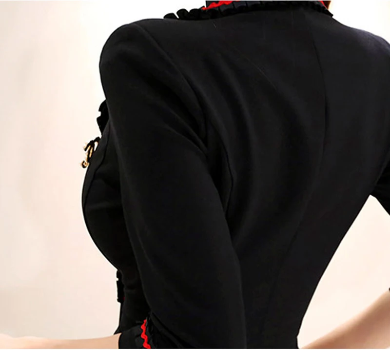 Черный блейзер Платье женское Бизнес Тонкий двубортный с рюшами с брошью рукав три четверти отложной воротник осеннее платье