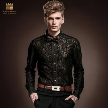

FANZHUAN Featured Brands Clothing Fall Long Sleeve Black Lace Shirt Men'S Wedding Banquet Nightclub Dress Perspective