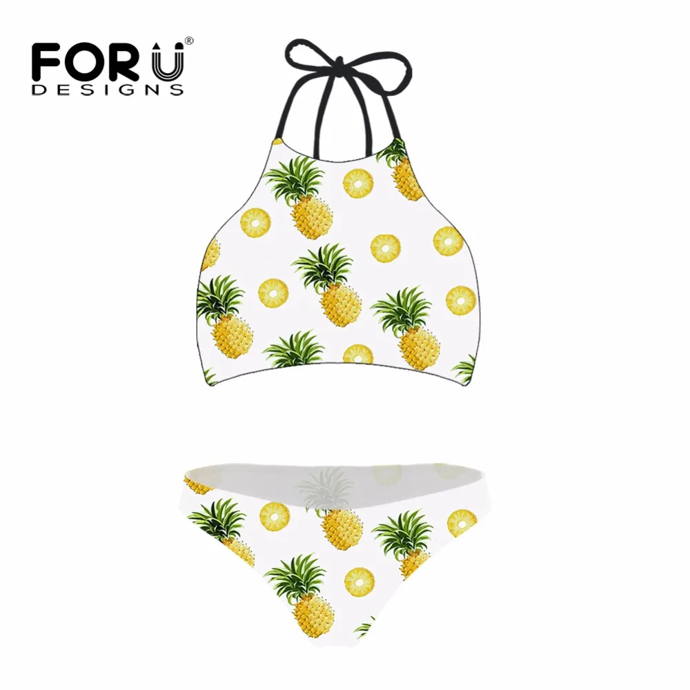 

FORUDESGINS Swimsuit Bikini Set Swimwear Women Fruits Pineapple Print Swimming Suit for Women High Waist Bathing Suit Plus Size