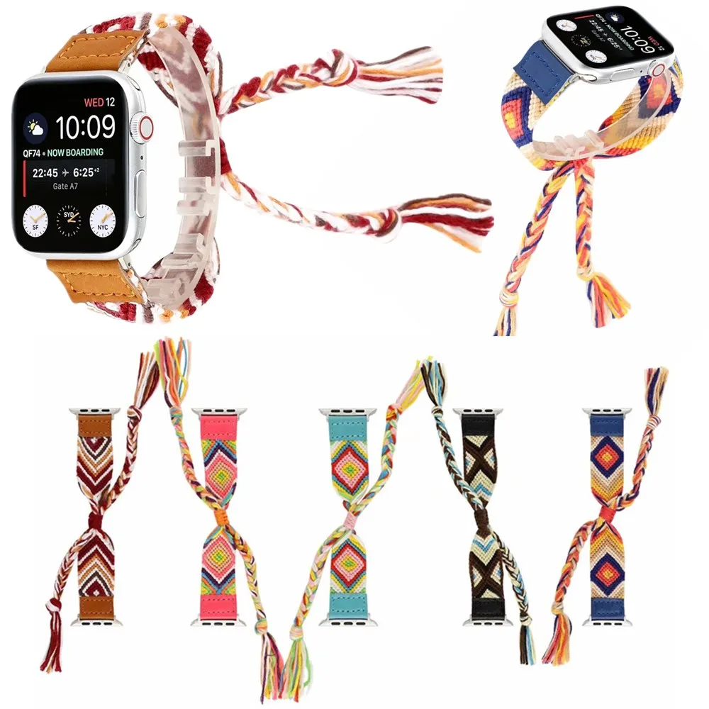 Цветной Плетеный модный ремешок для Apple Watch 40 мм 44 42 38 браслет в этническом стиле