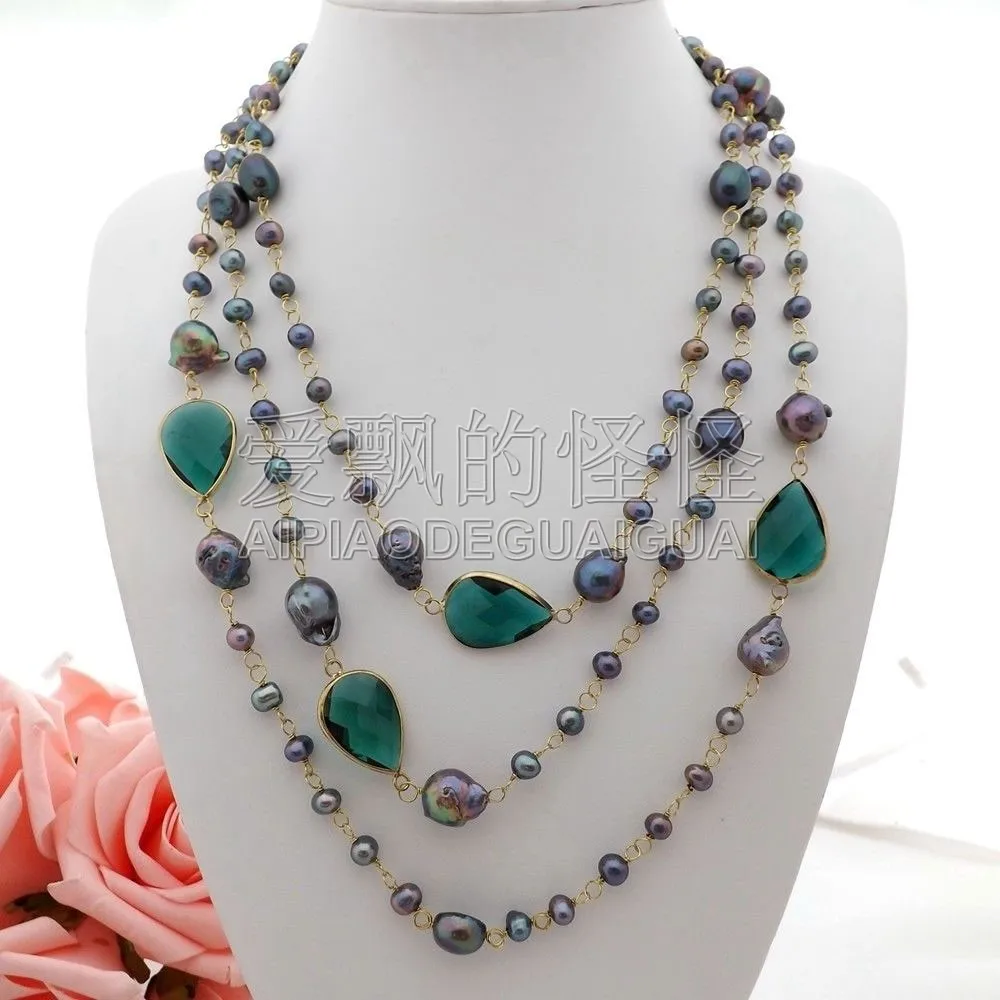 N052501 74 &quotчерный жемчужный ожерелье с кристаллом зеленого цвета|crystal necklace|green crystal