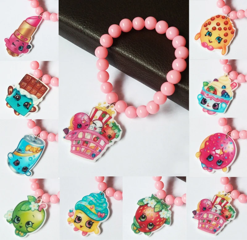 2016 Fashion Kawaii Resin Flatback Shopping Charm Bracelets for Little Girls Light Pink Acrylic Bead Bracelet for Children 0317