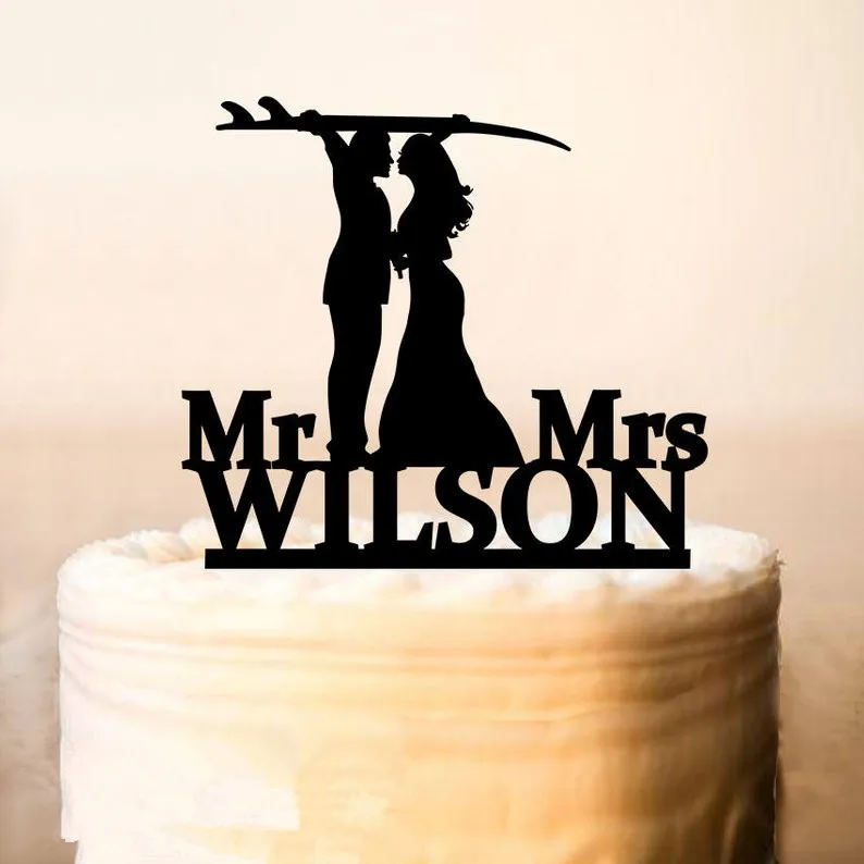 

Sport Theme Wedding Cake Topper Personalized Bride Groom Surfing Cake Topper Custom Last Name Wedding Party Accessory Supplies