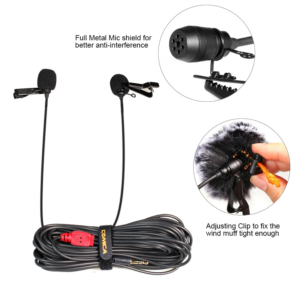 

COMICA CVM-D02 Dual-head Clip-on Lavalier Microphone Omnidirectional Condenser Recording Mic 2.5M/4.5M/6M for Gopro Smartphone