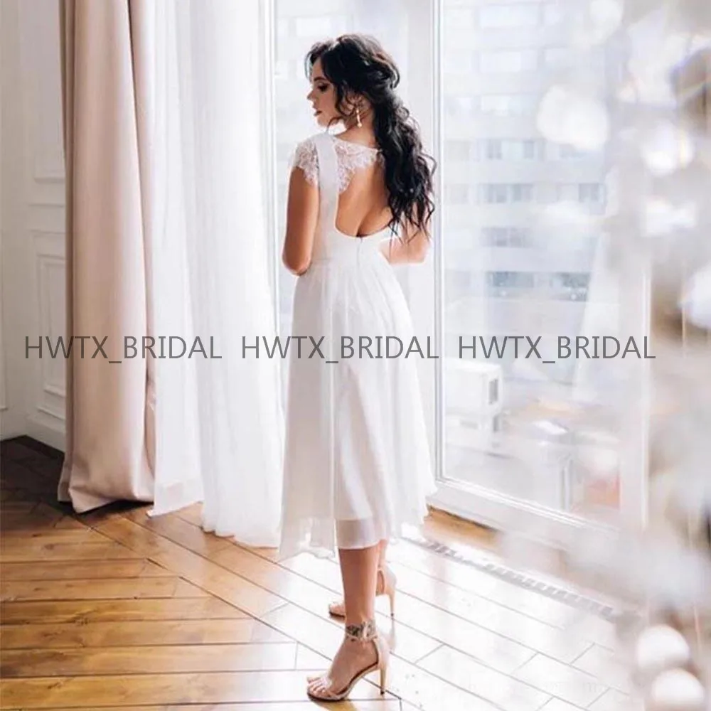 

Short Boho Beach Chiffon Wedding Dress Lace Sexy Backless A Line Tea Length Bohemia Vestido de noiva Cheap Wedding Gowns 2019