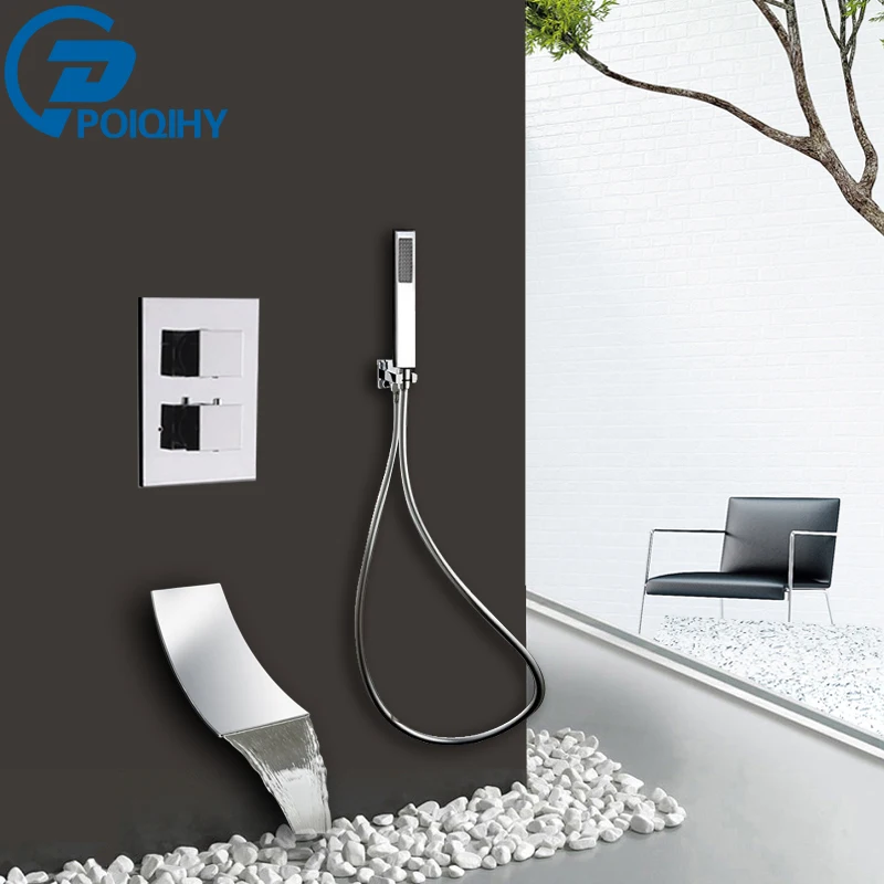

Wall Mounted Thermostatic Shower Faucet Set Chrome Waterfall Tub Spout with 2 Ways Thermostatic Faucet Cartridge Diverter