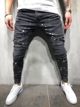 

New Mens Denim Pants Print Pocket Designer Biker Skinny Slim Fit Stretch Ripped Hole Jeans Denim Long Pants Bottom Male Jeans