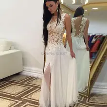 Weiß chiffon-eine line sexy prom kleider mit spitze appliques 2017 Side Split Sheer Zurück Abendgesellschaft Lange Kleider vestidos longo