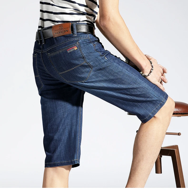 KSTUN Summer Denim Shorts Jeans Men Blue Slim Straight Business Casual Knee Length Shorts High