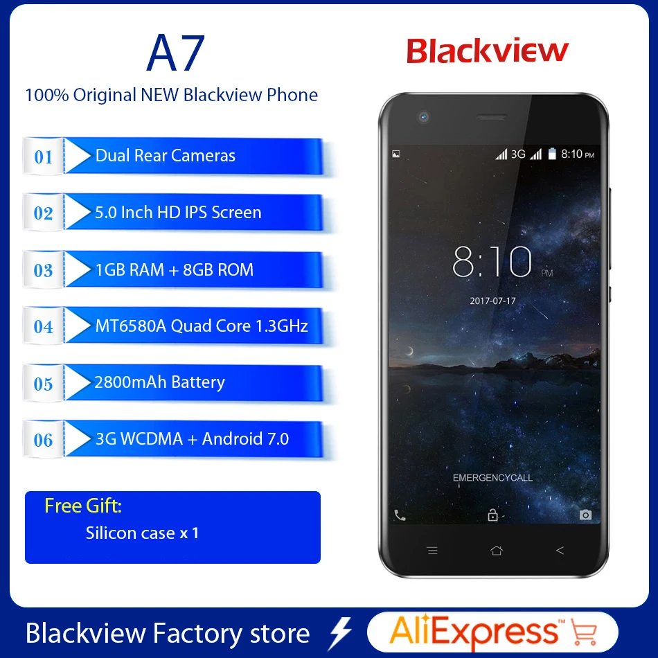 Blackview A7 смартфон 5 0 дюймов HD экран Android 7 мобильный телефон MT6580 четырехъядерный gps 3g