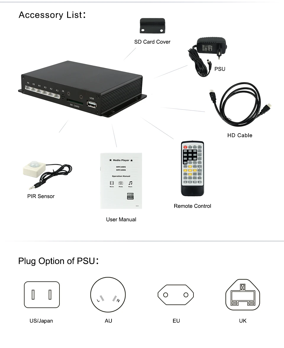 MPC1005-3 PIR датчик движения видео mp3 плеер оптический HD выход RS232 управление 1080p медиаплеер