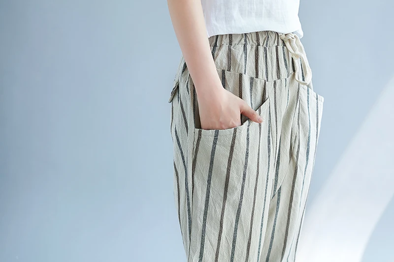 2019 Summer Cotton Linen Harem Pants Trousers Women Pockets Casual Drawstring Elastic High Waist Pants Vintage Pantalon Femme   10