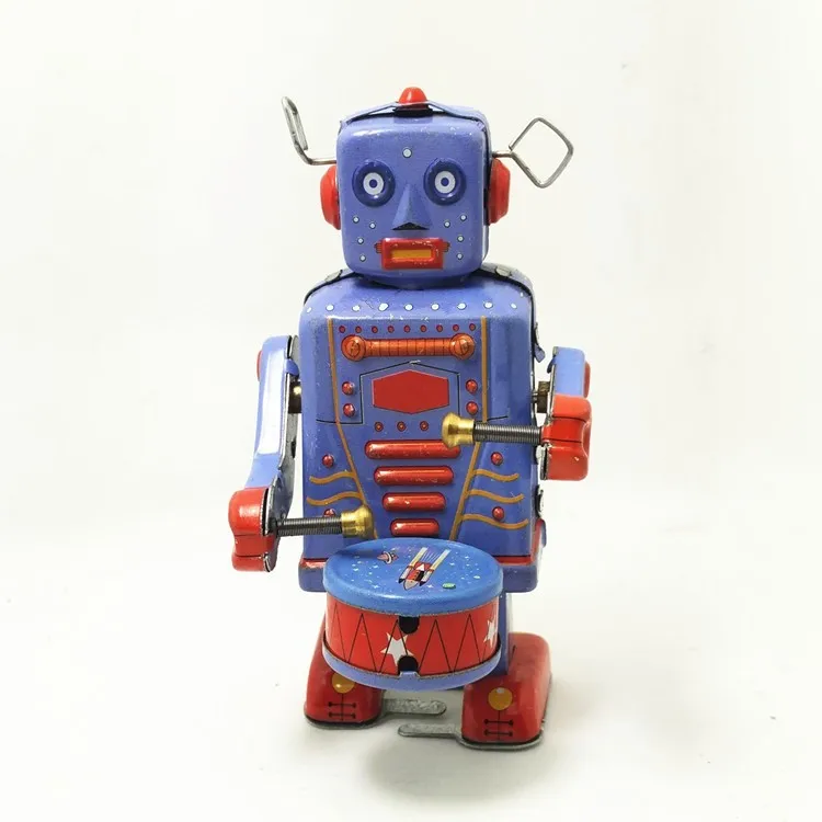 [funny] Collection Retro Clockwork Wind Up Metal Walking Tin Band Play Gong Drum Robot Recall
