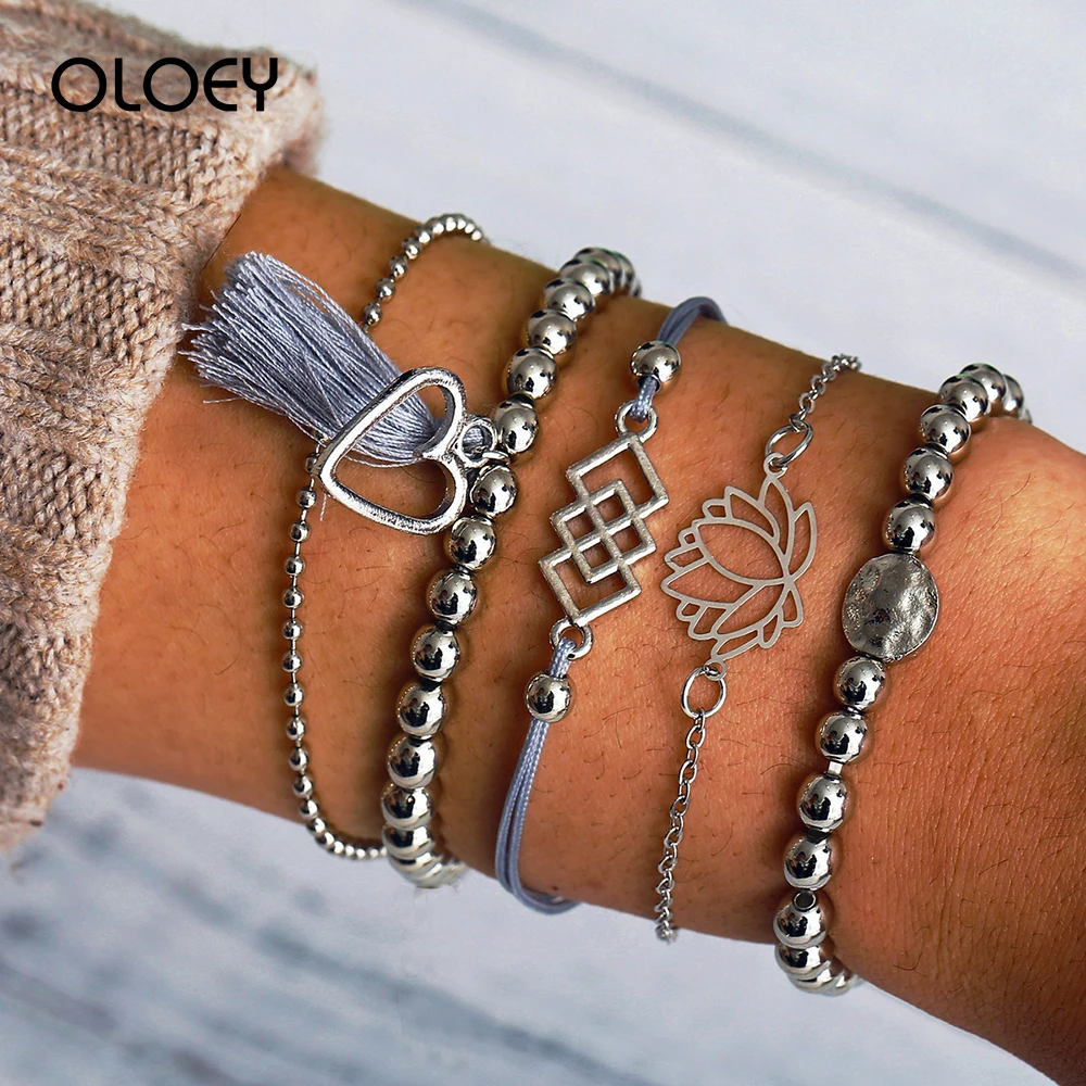 

OLOEY 5pcs/set Women Bracelet New Bohemia Beads Alloy Bracelets Fashion Female Beach Hand Chains Club Party Gifts Jewelry