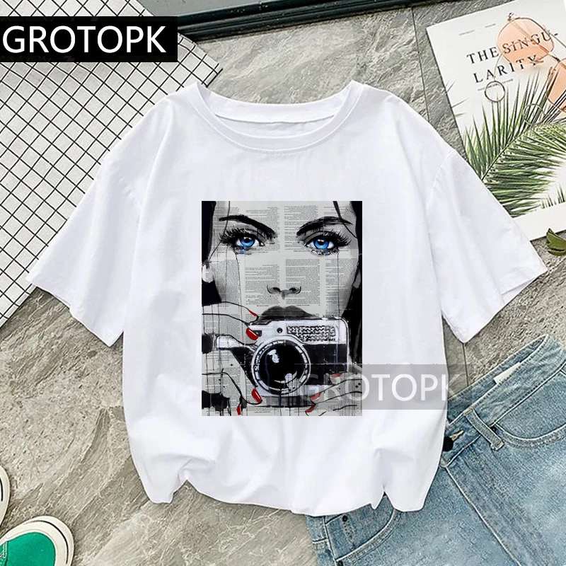 

Aesthetic Words Print Face T-shirts for Women High Fashion Summer Cotton White T-shirt Harajuku Graphic Tees Top Female Oversize