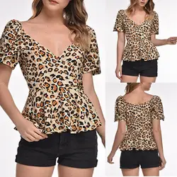 Модный женский леопардовый принт с воланами и v-образным вырезом; футболка с короткими рукавами